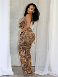 Women Backless Halter Tops With Wide-leg Pants Sexy Leopard Print 2 Pieces Sets XS-L45155