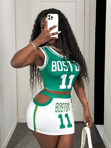 Sporty 2 Pieces Suits Women Letter Print Vest And Tight Mini Skirt XS-K25L692