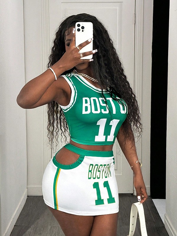 Sporty 2 Pieces Suits Women Letter Print Vest And Tight Mini Skirt XS-K25L692