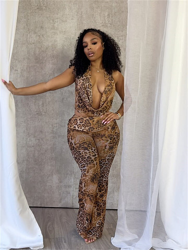 Women Backless Halter Tops With Wide-leg Pants Sexy Leopard Print 2 Pieces Sets XS-L45155