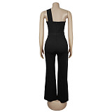 Ladies Oblique Shoulder Decorative Button Solid Color Long Jumpsuit BY-7505