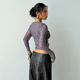 Trendy Leopard Print Women Long Sleeves Slim Tops SUM-25418
