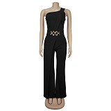 Ladies Oblique Shoulder Decorative Button Solid Color Long Jumpsuit BY-7505