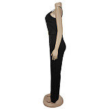 Ladies Oblique Shoulder Decorative Button Solid Color Long Jumpsuit BY-7505