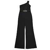 Ladies Oblique Shoulder Decorative Button Solid Color Long Jumpsuit BY-7505