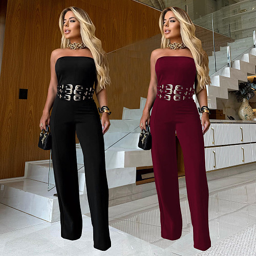 Sexy Strapless Women Sleeveless Solid Color  Metal Button Wide-leg Jumpsuit BY-7483