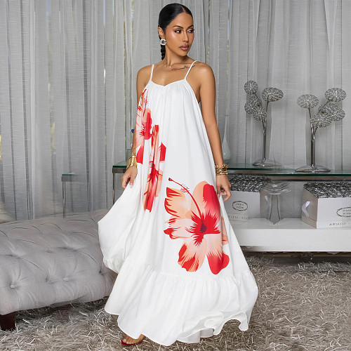 White Sexy Straps Backless Flower Print Women Pleated Long Dresses BY-7408