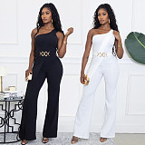 Ladies Oblique Shoulder Decorative Button Solid Color Long Jumpsuit BY-7505