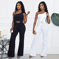 Ladies Oblique Shoulder Decorative Button Solid Color Long Jumpsuit BY-7505