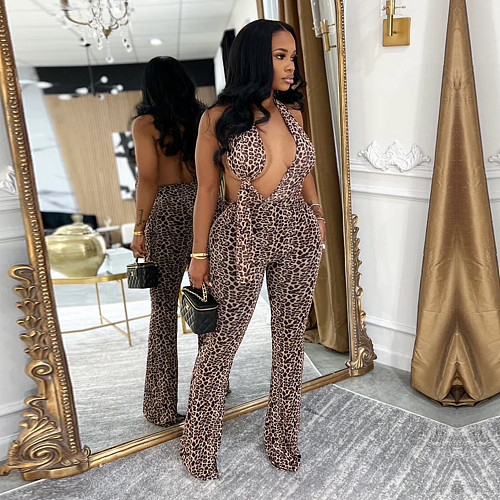 Super Sexy Backless Halter Women Leopard Printed Tight Long Jumpsuit BY-7495