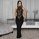 Sexy Backless Halter Women Black Lace Patchwork Split Maxi Dress BY-7488