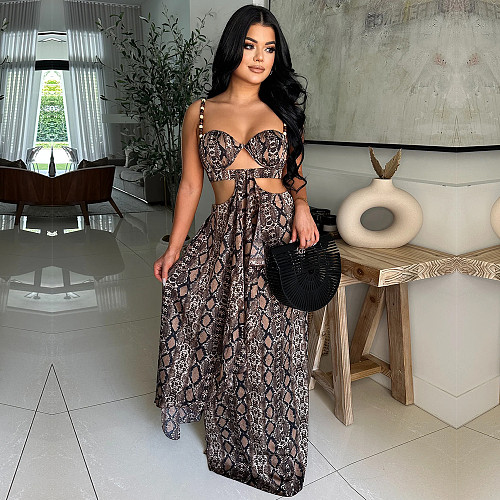 Hot Sexy Strapless Hollow-out Snake Print Women Maxi Dress BY-7502