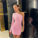 Pink Women One-sleeve Wrinkle Package Hips Mini Bodycon Dresses SUM-25268