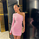 Pink Women One-sleeve Wrinkle Package Hips Mini Bodycon Dresses SUM-25268