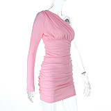 Pink Women One-sleeve Wrinkle Package Hips Mini Bodycon Dresses SUM-25268