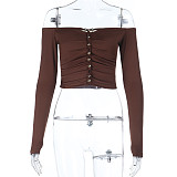 Brown Women Off Shoulder Long Sleeves Sexy Crop Top SUM-25295
