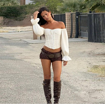Super Sexy Strapless Off Shoulder Lantern Sleeves Women Girdling Crop Top SUM-25204