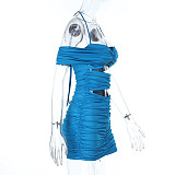 Sexy Hollow-out Strapless Off Shoulder Women Solid Color Wrinkless Tight Mini Dress SUM-25274