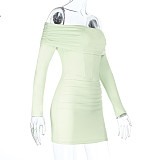 Green Sexy Off Shoulder Long Sleeves Slim Tight Mini Dress SUM-25199