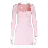 Pink Women Strapless Long Sleeves Tight Mini Dresses SUM-25241