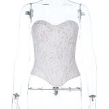 White Sexy Strapless Embroidery Lace Girdling Vest Top SUM-25260