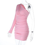 Pink Women One-sleeve Wrinkle Package Hips Mini Bodycon Dresses SUM-25268