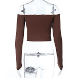 Brown Women Off Shoulder Long Sleeves Sexy Crop Top SUM-25295