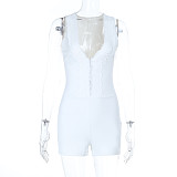 White Women Sleeveless Lace Patchwork Tight Romper SUM-25206