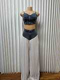 V-neck Halter Vest Pleated Denim Chiffon Trousers Set RS-9846