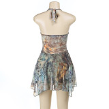 Sexy Backless Halter Irregular Printed Women Teired Short Dress SUM-25275