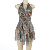 Sexy Backless Halter Irregular Printed Women Teired Short Dress SUM-25275