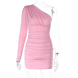 Pink Women One-sleeve Wrinkle Package Hips Mini Bodycon Dresses SUM-25268