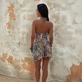 Sexy Backless Halter Irregular Printed Women Teired Short Dress SUM-25275