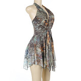 Sexy Backless Halter Irregular Printed Women Teired Short Dress SUM-25275