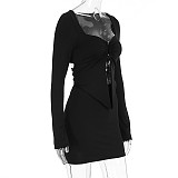 Sexy Hollow-out Long Sleeves Women Backless Solid Color Slim Mini Dress WSD-1994786