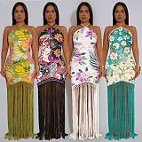 Halter-neck Printed Backless Sleeveless Tassel Dress NY-7581