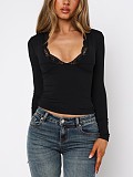 Women V-neck Long Sleeves Solid Color Lace Slim Tops WSD-1994730