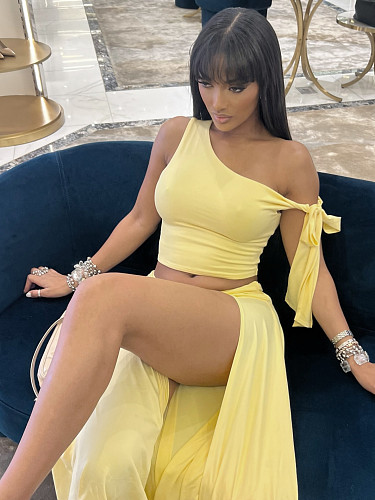 Yellow Women Oblique Shoulder Crop Top With Split Long Skirt Suits WSD-1994761