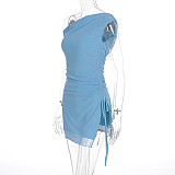 Super Sexy Off Shoulder Slit Package Hips Mini Dress Sky Blue WSD-1994837