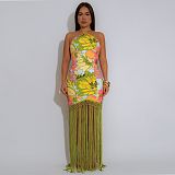 Halter-neck Printed Backless Sleeveless Tassel Dress NY-7581