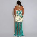 Halter-neck Printed Backless Sleeveless Tassel Dress NY-7581