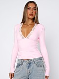 Women V-neck Long Sleeves Solid Color Lace Slim Tops WSD-1994730