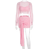 Women Pink Mesh Long Sleeves Crop Top Wrinkle Tight Mini Skirt Three Pieces Sets WSD-1994843