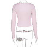 Women V-neck Long Sleeves Solid Color Lace Slim Tops WSD-1994730