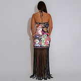 Halter-neck Printed Backless Sleeveless Tassel Dress NY-7581