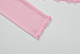 Women Pink Mesh Long Sleeves Crop Top Wrinkle Tight Mini Skirt Three Pieces Sets WSD-1994843