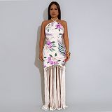 Halter-neck Printed Backless Sleeveless Tassel Dress NY-7581