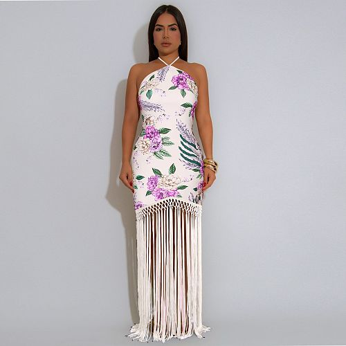 Halter-neck Printed Backless Sleeveless Tassel Dress NY-7581