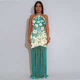 Halter-neck Printed Backless Sleeveless Tassel Dress NY-7581