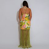 Halter-neck Printed Backless Sleeveless Tassel Dress NY-7581
